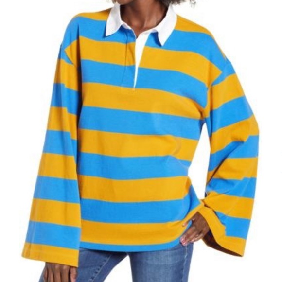 bp Tops - BP. Stripped Rugby Shirt Orange-yellow, Long Bell sleeves blue & white s…